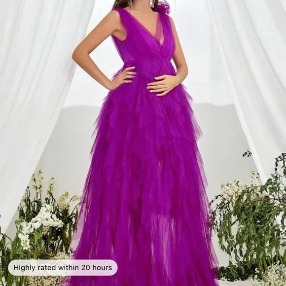 Dresses | Plunging Neck Sleeveless Mesh Overlaymaternity Prom Party Dress |  Poshmark